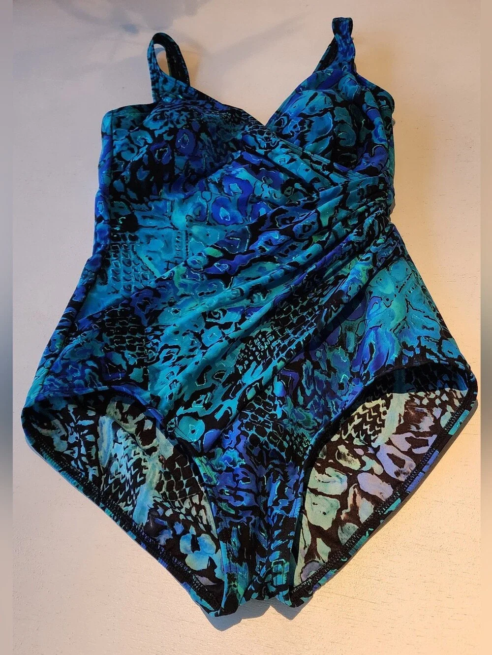 Miraclesuit Teal and Royal Blue Floral Surplice One-Piece Swimsuit
